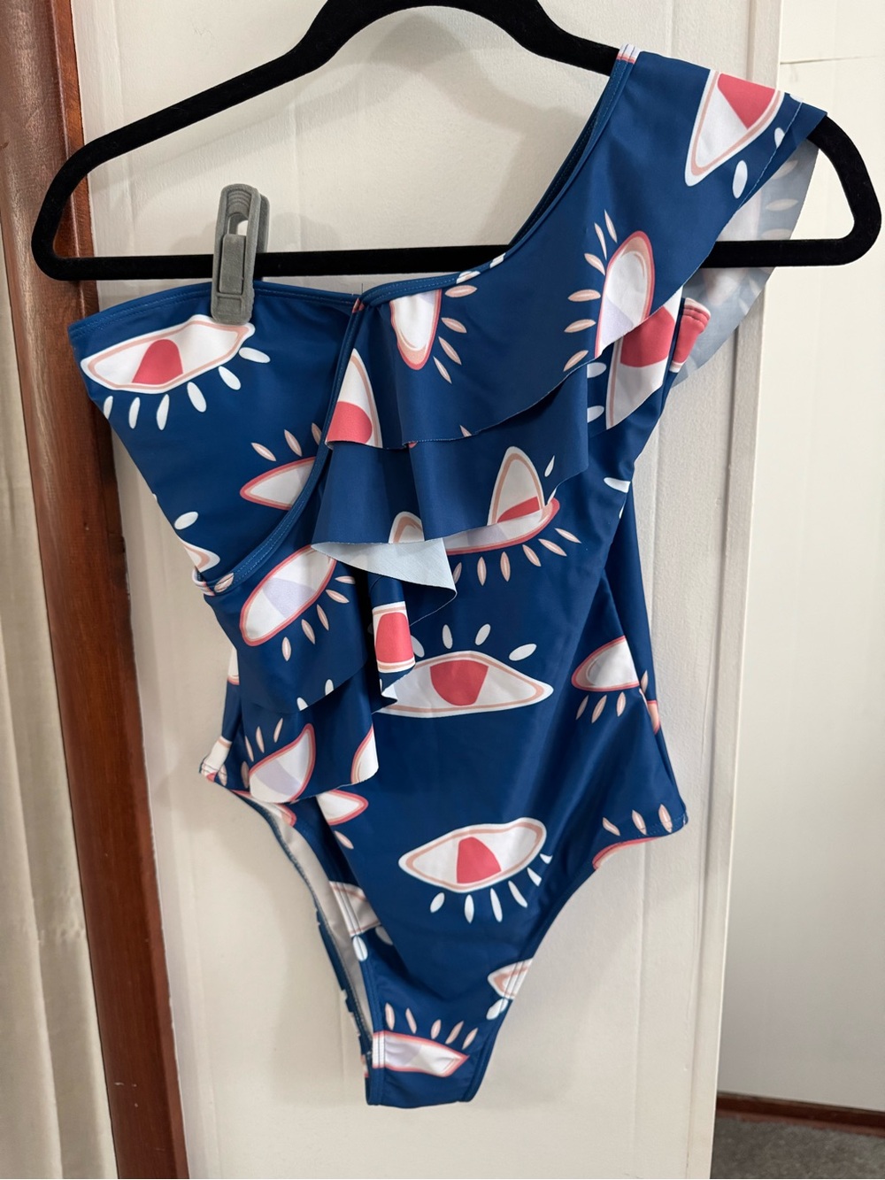 One-Shoulder Ruffle Swimsuit & Cover-Up in Navy with Pink Accent, Size M